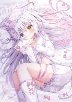 1girl animal_ear_fluff animal_ears bad_tag bloomers blue_eyes blush bow candy cat_ears cat_tail choker food hair_ornament hairclip lollipop long_hair lying mask mask_on_head navel on_side open_clothes original pillow ribbon shorts smile solo stuffed_animal stuffed_cat stuffed_toy tail tail_ornament underwear watermark white_hair white_shorts yellow_eyes yuduki_pdx