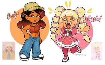 2girls :d angie_(tomodachi_life:_living_the_dream) blonde_hair blue_pants brown_eyes chain character_name commentary crystal_(tomodachi_life:_living_the_dream) dress english_commentary fangs freckles hat highres long_hair mayo_(funnyhoohooman) mii_(nintendo) multicolored_hair multiple_girls nintendo open_mouth pants pink_dress reference_sheet smile tomodachi_life tomodachi_life:_living_the_dream two-tone_hair white_background