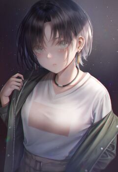 1girl absurdres asakura_toru black_hair blush choker collarbone earrings eyes_visible_through_hair glint green_eyes green_jacket hand_in_pocket hibimaru highres idolmaster idolmaster_shiny_colors jacket jewelry light_particles noctchill_(idolmaster) open_clothes open_jacket parted_lips short_hair solo zipper