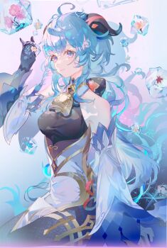 1girl ahoge bare_shoulders bell black_gloves blue_hair bodystocking closed_mouth commentary_request cowboy_shot detached_sleeves flower fre_(haochilanzuo) frozen_flower ganyu_(genshin_impact) genshin_impact gloves goat_horns gold_trim hand_up highres holding_cube horns ice ice_cube long_hair neck_bell purple_eyes sitting snowflakes solo very_long_hair white_sleeves