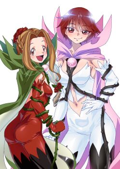 Rule 34 | 2girls, :d, absurdres, ass, black footwear, bodysuit, boots, braid, breasts, brooch, brown eyes, brown hair, cape, cleavage, closed mouth, clothing cutout, commentary, commission, cosplay, cowboy shot, digimon, digimon adventure, digimon savers, elbow gloves, flower, fujieda yoshino, gerusyu, gloves, green cape, hair between eyes, hair flower, hair ornament, hand on own hip, highres, holding, holding whip, in-franchise crossover, jewelry, long hair, looking at viewer, low-tied long hair, medium breasts, multiple girls, navel, navel cutout, open mouth, parted bangs, pink cape, pink eyes, pink hair, plant, red bodysuit, red flower, red gloves, red rose, rose, rosemon, rosemon (cosplay), rosemon burst mode, rosemon burst mode (cosplay), short hair, sidelocks, simple background, small breasts, smile, standing, tachikawa mimi, thigh boots, thorns, vine whip, vines, whip, white background, white bodysuit, white gloves