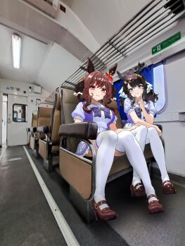 absurdres animal_ears black_hair blue_eyes blush bow bowtie braid braided_hair_rings breasts brown_eyes brown_hair closed_mouth daring_tact_(umamusume) ear_bow ear_covers ear_ornament gentildonna_(umamusume) green_eyes hair_between_eyes hair_ornament hair_rings hakazero heart-shaped_ornament heart_ear_ornament highres horse_ears horse_girl horse_tail horseshoe_ornament kereta_api_indonesia large_breasts long_hair looking_at_viewer medium_breasts medium_hair multiple_girls photo_background puffy_short_sleeves puffy_sleeves purple_bow purple_bowtie purple_sailor_collar purple_serafuku purple_shirt purple_skirt red_eyes sailor_collar sailor_shirt school_uniform serafuku shirt short_sleeves sitting skirt smile star_(symbol) star_hair_ornament summer_uniform tail tracen_school_uniform train train_interior umamusume white_skirt