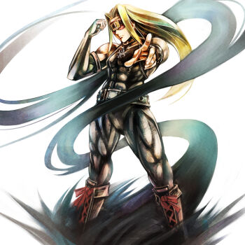 1boy belt black_bodysuit black_boots blindfold blonde_hair bodysuit boots bridal_gauntlets closed_mouth commentary_request covered_abs floating_hair full_body guilty_gear hair_intakes hand_up highres lace-up_boots long_hair muscular muscular_male pointing pointing_at_viewer simple_background sleeveless sleeveless_bodysuit solo standing sushi_(sashimise) umbrakinesis white_background zato-1