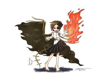 1girl asymmetrical_wings barefoot black_skirt bone brown_eyes brown_hair fire fossilized_wonders half_mask iwanaga_ariya mask mask_over_one_eye open_mouth shirt short_hair skeletal_wings skirt solo touhou white_shirt wings yoiy_san