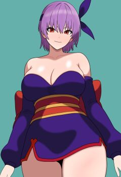 1girl ayane_(doa) bare_shoulders blush bojack198 breasts cleavage commentary cowboy_shot dead_or_alive dead_or_alive_6 dress english_commentary green_background headband highres japanese_clothes large_breasts looking_at_viewer ninja obi purple_dress purple_hair purple_headband red_eyes sash short_hair solo