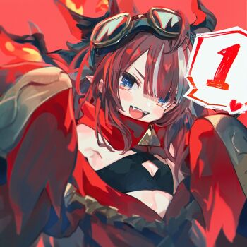 1girl :d blue_eyes commentary countdown_illustration dragon_girl english_commentary fangs goggles goggles_on_head heart highres looking_at_viewer makihitsuji multicolored_hair official_art open_mouth phase_connect pointy_ears red_background red_hair red_theme saya_sairroxs second-party_source smile solo speech_bubble streaked_hair teeth tongue upper_teeth_only virtual_youtuber white_hair