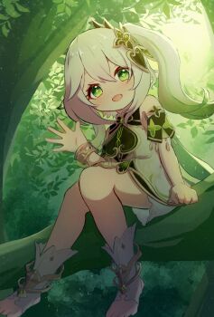 1girl :d arm_at_side bare_shoulders bracelet breasts bright_pupils chokoru detached_sleeves dress eyelashes genshin_impact gradient_hair green_eyes green_hair hair_between_eyes hair_ornament hand_up jewelry knees_together_feet_apart long_hair looking_at_viewer multicolored_hair nahida_(genshin_impact) on_branch open_mouth short_dress short_sleeves side_ponytail sitting sleeveless sleeveless_dress small_breasts smile solo star-shaped_pupils star_(symbol) stirrup_footwear stirrup_legwear symbol-shaped_pupils toeless_legwear tree wavy_hair white_dress white_footwear white_hair