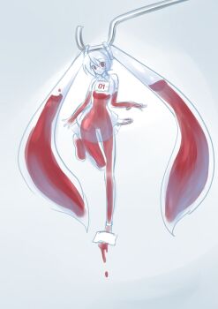 1girl absurdres blood blood_bag commentary dripping hair_ornament hatsune_miku highres hook leg_up liquid_hair long_hair mimata_tukiya miniskirt personification pleated_skirt red_eyes red_hair skirt solo twintails very_long_hair vocaloid white_hair