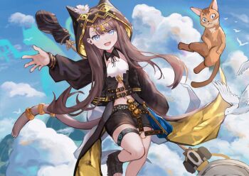 1girl :d animal_ear_hood animal_ears ankh arknights bird black_jacket black_sandals black_shorts blue_eyes blue_sky brown_hair cat cat_girl cat_tail cloud commentary fake_animal_ears fang flower foot_out_of_frame foot_up hammer holding holding_hammer holding_weapon hood hood_up hooded_jacket infection_monitor_(arknights) jacket jewelry long_hair long_sleeves navel open_mouth pepe_(arknights) rainbow_(pixiv_66183854) sandals scarab shorts skin_fang sky smile solo tail tail_ornament tail_ring thighlet weapon white_flower