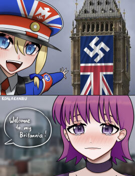 2girls amelia_(pathways) artist_name blonde_hair blue_eyes building choker clock clock_tower closed_mouth commentary cynthia_watson elizabeth_tower english_commentary european_architecture foreshortening hat highres koalakanru london long_sleeves multiple_girls nazi open_mouth original outdoors pathways_(game) peaked_cap purple_eyes purple_hair short_hair speech_bubble swastika tears teeth tongue tower union_jack united_kingdom