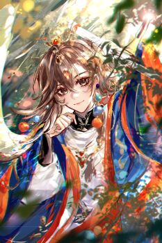 1boy absurdres blue_coat blurry brown_eyes brown_hair chinese_commentary closed_mouth coat crossed_bangs daxiushan day depth_of_field earrings flipped_hair floating_earrings hair_between_eyes hands_up highres holding holding_scroll hua_yi_shanxin_zhiyue jewelry ji_yuanqi long_hair long_sleeves looking_at_viewer luludeer386 male_focus orange_shawl puffy_long_sleeves puffy_sleeves scroll shawl smile solo sphere_earrings sunlight tree upper_body wide_sleeves xiao_guan_(headdress) yuanlingpao