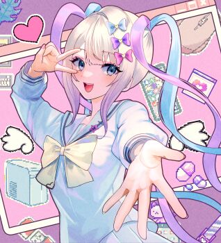1girl absurdres blue_bow blue_eyes blue_hair blush bow chouzetsusaikawa_tenshi-chan computer computer_tower detached_wings grey_hair hair_bow hair_ornament heart heart_hair_ornament highres kuro-ko long_hair long_sleeves looking_at_viewer mini_wings computer_mouse multicolored_hair multiple_hair_bows needy_girl_overdose open_mouth outstretched_arm pink_bow pink_hair pink_nails pleated_skirt purple_bow quad_tails reaching reaching_towards_viewer sailor_collar school_uniform serafuku skirt smile solo upper_body v v_over_eye very_long_hair window_(computing) wings yellow_bow yellow_nails