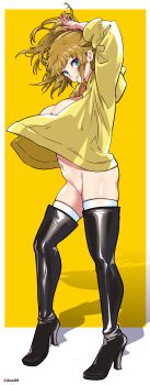 1girl absurdres aiuti arm_up black_boots blue_eyes boots border bottomless breasts brown_hair closed_mouth commentary_request convenient_censoring full_body gundam gundam_build_fighters gundam_build_fighters_try high_heel_boots high_heels highres hoshino_fumina jacket large_breasts long_sleeves looking_at_viewer naked_jacket navel no_panties no_pants open_clothes open_jacket outside_border ponytail smile solo thigh_boots thighhighs thighhighs_under_boots twitter_username white_border white_thighhighs yellow_background yellow_jacket