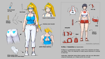 2girls arms_at_sides arrow_(symbol) ass bandaid black_hair blonde_hair blue_eyes blue_tank_top bob_cut bracelet breasts brown_eyes butt_crack cleavage crop_top earrings full_body glasses heart heart_print highres inverted_bob jewelry large_breasts long_hair multiple_girls pants ponytail quasimodox rainbow_mika red_sandals red_shorts reference_sheet sandals shoelaces shoes short_hair shorts sleeveless tank_top white_pants white_shoes wide_hips yamato_nadeshiko_(street_fighter)