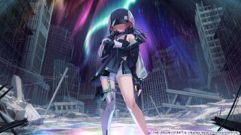 1girl black_gloves brown_hair commentary_request fingerless_gloves gloves hood idolmaster idolmaster_shiny_colors ikuta_haruki key_visual long_sleeves official_art promotional_art rain ruins see-through_clothes see-through_sleeves short_hair shorts single_thighhigh solo thigh_strap thighhighs white_shorts