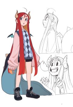 Rule 34 | 1girl, :o, absurdres, ahoge, argyle clothes, argyle sweater, arms at sides, bike shorts, black eyes, black shoes, black shorts, blush, breath weapon, breathing fire, brown horns, colored inner hair, commentary, dragon girl, dragon horns, dragon tail, dragon wings, english commentary, fangs, fire, full body, grey sweater, highres, horns, long hair, long sleeves, looking at viewer, looking to the side, mini wings, multicolored hair, multiple views, open mouth, orange hair, original, parted bangs, pink sleeves, pointy ears, red hair, red pupils, sho-n-d, shoes, shorts, sidelocks, simple background, sketch inset, sleeves past fingers, sleeves past wrists, sneakers, standing, sweater, tail, thick eyebrows, very long hair, white background, wings