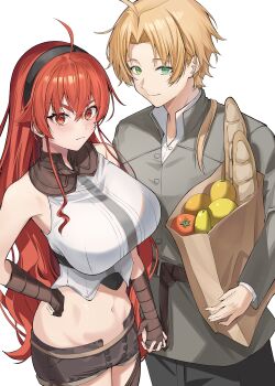 1boy 1girl absurdres ahoge bag baguette banana black_gloves black_hairband blonde_hair bread breasts brown_shorts collared_shirt commentary_request cousins cowboy_shot crossed_bangs eris_greyrat food fruit gloves green_eyes grey_shirt grocery_bag hair_between_eyes hairband hetero highres holding_hands large_breasts long_hair long_sleeves looking_at_viewer marbo_(saico556) mole mole_under_eye mushoku_tensei navel orange_(fruit) paper_bag parted_bangs red_eyes red_hair rudeus_greyrat shirt shopping_bag short_shorts shorts simple_background sleeveless sleeveless_shirt v-shaped_eyebrows very_long_hair white_background white_shirt