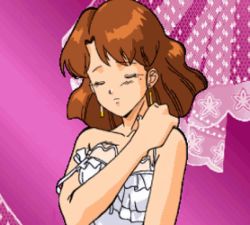 1girl animated armpits arms_behind_head ass blue_eyes breasts brown_hair hand_on_own_hip kaori_(super_real_mahjong) large_breasts looking_at_viewer modeling navel nipples panties seductive_smile short_hair smile solo super_real_mahjong topless_female underwear undressing video