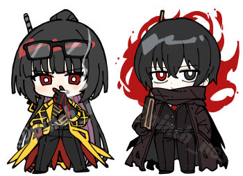 Rule 34 | 1boy, 1girl, black eyes, black hair, black pants, brown coat, brown scarf, cigarette, coat, contempt awe (e.g.o), e.g.o (project moon), eyewear on head, fell bullet (e.g.o), heterochromia, high ponytail, highres, holding, holding cigarette, limbus company, long hair, n corp. e.g.o (identity) (project moon), pants, pinch (nesume), ponytail, project moon, red eyes, ryoshu (project moon), scarf, simple background, smoke, smoking, sunglasses, very long hair, white background, yellow coat, yi sang (project moon)