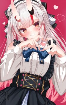 Rule 34 | 1girl, absurdres, black skirt, blue bow, blue bowtie, blush, bow, bowtie, center frills, clothing cutout, commentary request, cowboy shot, frilled shirt, frills, gradient hair, grin, hands up, heart, heart hands, highres, hololive, horns, long hair, long sleeves, looking at viewer, miaruri, multicolored hair, nakiri ayame, oni, pink background, red eyes, shirt, shirt tucked in, shoulder cutout, simple background, skin-covered horns, skirt, smile, solo, straight hair, streaked hair, virtual youtuber, white hair, white shirt