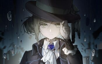1girl :| absurdres adjusting_clothes adjusting_headwear ascot black_coat black_hat blue_background blue_bow boater_hat bow brooch closed_mouth coat collared_shirt grey_eyes grey_hair hair_bun hand_on_headwear hand_up hat hat_bow highres jewelry looking_at_viewer portrait reverse:1999 shards shirt short_hair single_side_bun solo straight-on vertin_(reverse:1999) water_drop wet wet_hair white_ascot white_shirt zzzzzm_jiangzhouzi