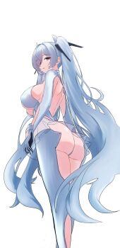 1girl armpit_cutout ass bodysuit cinderella_(nikke) clothing_cutout from_behind goddess_of_victory:_nikke hair_over_one_eye highres judgement_(garogold7) leg_cutout one_eye_covered see-through_clothes see-through_skirt simple_background skirt solo twintails white_background white_bodysuit