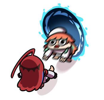 2girls ahoge aqua_hair beret blue_hair commentary detached_sleeves elizabeth_rose_bloodflame english_commentary hat highres hololive hololive_english keenbiscuit multicolored_hair multiple_girls open_mouth orange_hair portal_(object) red_hair streaked_hair takanashi_kiara virtual_youtuber