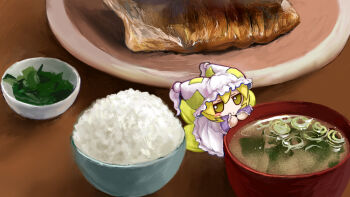 Rule 34 | 1girl, blonde hair, blush stickers, bowl, dress, food, food focus, fumo (doll), hat, mini person, minigirl, mob cap, rice, rusuban (yakumora n), single blush sticker, solo, soup, touhou, white dress, yakumo ran, yellow eyes