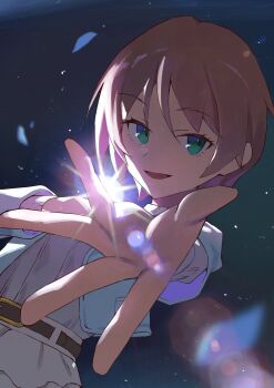 1girl :d absurdres backlighting blue_jacket brown_hair commentary cowboy_shot dark_background foreshortening green_eyes harumiya_yukuri highres ikizulive!_love_live!_bluebird jacket lens_flare light_particles long_sleeves looking_at_viewer love_live! open_clothes open_hand open_jacket open_mouth outstretched_arm ribbed_sweater short_hair skirt smile solo sunkeun sweater turtleneck turtleneck_sweater white_skirt white_sweater