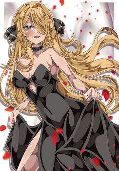 1girl absurdres bare_shoulders black_dress blonde_hair breasts clothing_cutout commentary_request cutout_above_navel cynthia_(pokemon) dress flower grey_eyes hair_ornament hair_over_one_eye highres long_hair looking_at_viewer nintendo open_mouth pokemon pokemon_dppt shiki_(kisikisi1007) sleeveless smile solo very_long_hair
