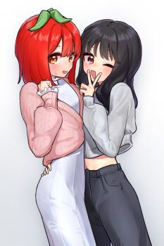 2girls bad_tag black_hair black_pants cardigan character_request choppy_bangs commentary_request copyright_request crop_top crop_top_overhang cropped_sweater dress grey_background grey_sweater hand_up highres hug long_hair long_sleeves looking_at_viewer medium_hair midriff multiple_girls navel one_eye_closed open_mouth orange_eyes pants parted_bangs pink_eyes red_cardigan red_hair simple_background small_sweatdrop smile standing sweater tomato_quad v v_over_mouth white_dress