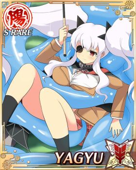 black_cape breasts brown_jacket cape closed_mouth eyepatch frown game_cg holding holding_umbrella jacket large_breasts long_hair looking_at_viewer non-web_source official_alternate_costume official_art oil-paper_umbrella plaid_clothes plaid_skirt red_eyes red_skirt senran_kagura senran_kagura_new_wave shirt shuriken shuriken_hair_ornament skirt squid suction_tentacles tentacles twintails umbrella weapon white_hair white_shirt yagyu_(senran_kagura)