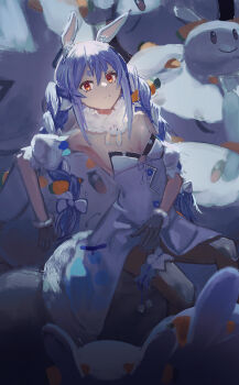 Rule 34 | 1girl, absurdres, animal ears, bare shoulders, black gloves, braid, breasts, carrot hair ornament, cleavage, cokei, commentary, don-chan (usada pekora), food-themed hair ornament, frills, gloves, hair ornament, highres, hololive, legband, looking at viewer, orange eyes, rabbit ears, rabbit girl, small breasts, twin braids, usada pekora, usada pekora (1st costume), virtual youtuber