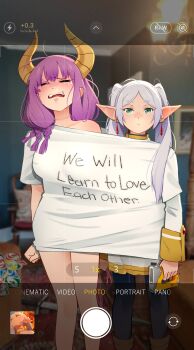 2girls 9/11 absurdres aura_(sousou_no_frieren) blurry blurry_background clothes_writing crying demon_girl demon_horns earrings elf english_text frieren green_eyes grey_hair highres holding horns indoors jewelry khyle. long_hair looking_at_viewer meme multiple_girls pointy_ears shared_shirt shirt sousou_no_frieren standing sword tears twintails upward_angle_frieren_drawing_(meme) weapon white_shirt yellow_horns