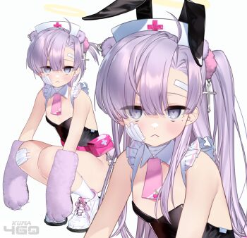 1girl :< animal_ears animal_hands artist_name artist_self-insert bandaged_neck bandages bear_ears belt belt_pouch charm_(object) claws commentary curtained_hair detached_collar eyes_visible_through_hair fake_animal_ears fang flat_chest frills gauze gauze_on_cheek gauze_on_knee hair_between_eyes hair_over_shoulder hat highres indie_virtual_youtuber kuma_4go kuma_4ho long_hair looking_at_viewer mole mole_under_eye multiple_views necktie nurse_cap one_side_up petite pink_belt pink_necktie playboy_bunny pouch purple_eyes purple_hair rabbit_ears shoes sneakers socks squatting virtual_youtuber white_socks