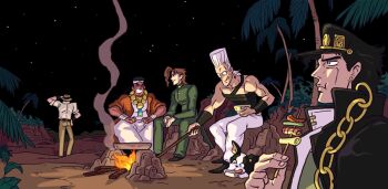 5boys animated animated_gif biceps cooking dog eating fire food frying_pan hat iggy_(jojo) jean_pierre_polnareff jojo_no_kimyou_na_bouken joseph_joestar joseph_joestar_(old) kakyoin_noriaki kuujou_joutarou licking_lips mohammed_avdol multiple_boys night night_sky palm_tree school_uniform skewer sky smoke star_(sky) stardust_crusaders tongue tongue_out tree unoobang