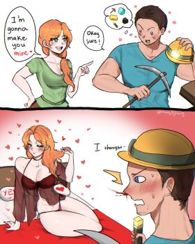 1boy 1girl absurdres alex_(minecraft) blonde_hair blue_eyes blush breasts brown_hair cleavage commentary english_commentary english_text green_eyes hair_over_shoulder highres holding large_breasts long_hair marydjiang minecraft minecraft_pickaxe nightgown open_mouth orange_hair pickaxe see-through_clothes shirt short_sleeves smile speech_bubble steve_(minecraft) sweat