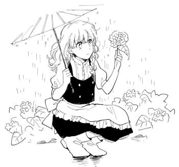 1girl apron back_bow boots bow braid buttons collared_shirt commentary_request flower frilled_apron frills full_body greyscale hair_bow hand_up holding holding_flower kirisame_marisa kneeling long_hair monochrome natsume_(menthol) no_headwear oil-paper_umbrella puffy_short_sleeves puffy_sleeves rain shirt short_sleeves single_braid skirt solo touhou umbrella vest white_background