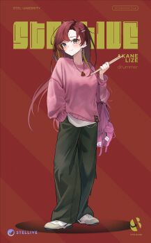 1girl absurdres akane_lize blush character_name character_pendant closed_mouth commentary_request copyright_name cover cross cross_earrings curtained_hair diagonal-striped_background drumsticks earrings fake_cover film_grain firehippo forehead full_body green_pants grey_eyes hand_in_pocket hand_up highres holding holding_drumsticks jewelry korean_commentary long_hair long_sleeves multicolored_hair necklace pants pendant pienna_(akane_lize) pink_bag pink_sweater red_background red_hair shoes side_part sneakers solo standing stellive streaked_hair striped_background sweater virtual_youtuber white_shoes