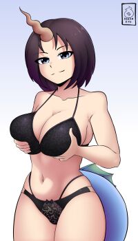 1girl artist_name black_hair black_panties blue_background blue_eyes bra breasts closed_mouth collarbone cowboy_shot dragon_girl dragon_horns dragon_tail elma_(maidragon) female_focus grabbing_own_breast gradient_background gradient_hair horns kobayashi-san_chi_no_maidragon konan_exe large_breasts medium_hair multicolored_hair panties purple_hair simple_background single_horn smile solo standing tail two-tone_background two-tone_hair underwear underwear_only white_background