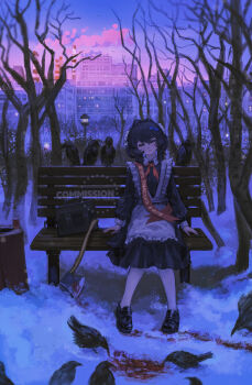 Rule 34 | 1girl, absurdres, apron, axe, azhisama, bare tree, bench, bird, black dress, blood, braid, braided hair rings, closed eyes, commission, crow, dress, full body, gradient sky, hair rings, highres, original, outdoors, pantyhose, pink sky, russian text, school uniform, side braids, sitting, sky, snow, solo, soviet school uniform, suitcase, sunset, translation request, tree, watermark, white apron, white pantyhose, wide shot