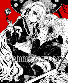 1boy 1girl bed belt belt_buckle blood blood_on_hands bow bowtie buckle buttons cable chinese_commentary collared_jacket collared_shirt commentary_request commission crying crying_with_eyes_open dress_shirt eye_socket fingernails frilled_jacket frilled_shirt frilled_shirt_collar frills greyscale_with_colored_background hair_bow hair_ribbon high_collar highres holding holding_eyeball holding_tongs hospital_bed jacket long_hair long_skirt looking_at_viewer lying maid_headdress multiple_belts nervous_sweating on_back on_bed one-eyed original parted_bangs parted_lips red_background restrained ribbon scissors shirt short_hair sidelocks skirt streaming_tears sweat syringe tears tongs tray tuko very_long_hair watermark wavy_hair weibo_watermark