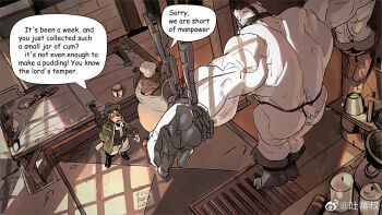 3boys apron ass bara bear_boy bear_tail belly bound bound_ankles bound_arms chef cum cum_in_container cum_in_cup cum_milking english_text from_above furry furry_male furry_with_furry highres implied_yaoi indoors large_hands male_focus multiple_boys muscular muscular_male original perspective prisoner short_hair strongman_waist tail thighs tooboshoo topless_male white_fur window_shadow