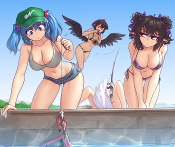 4girls alternate_hairstyle bait bare_arms bare_legs bare_shoulders bikini bikini_top_only black_eyes black_hair black_hat black_wings blue_eyes blue_hair boat breasts camera cleavage covered_erect_nipples day double_bun feathered_wings fishing fishing_rod flying green_hat hair_bobbles hair_bun hair_ornament halterneck hand_up hat hater_(hatater) highres himekaidou_hatate holding horizon inubashiri_momiji kawashiro_nitori kneeling large_breasts looking_to_the_side lying multiple_girls navel on_boat outdoors pointy_ears purple_bikini shameimaru_aya short_hair short_shorts shorts side-tie_bikini_bottom string_bikini summer swimsuit tail tan tokin_hat touhou two_side_up v_arms water wings wolf_tail