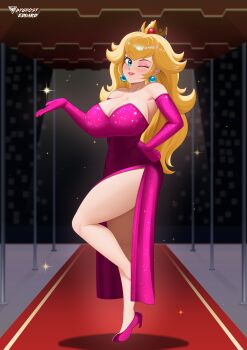 1girl absurdres blonde_hair blush breasts byghosteduard crown detached_sleeves dress earrings full_body hand_on_own_hip high_heels highres huge_breasts jewelry large_breasts lips mario_(series) nintendo one_eye_closed one_leg_raised princess_peach red_carpet sending_kiss smile smilel super_mario_all_stars
