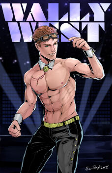 1boy abs artist_name belt black_pants character_name dc_comics detached_collar evinist eyewear_on_head highres male_focus navel nipples pants red_hair short_hair smile solo topless_male wally_west wrist_cuffs yellow_belt young_justice