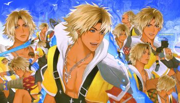 1girl 6+boys aged_down arm_around_shoulder armor auron black_boots black_gloves black_overalls blitzball blonde_hair blue_eyes blue_headband boots braska brown_hair chain chain_necklace child closed_eyes closed_mouth cropped_jacket dark-skinned_male dark_skin facial_mark final_fantasy final_fantasy_x gloves headband highres holding holding_sword holding_weapon hood hood_down hoodie hugging_own_legs jecht jewelry male_focus midriff multiple_boys multiple_views necklace open_mouth overalls parted_bangs parted_lips pectorals seymour_guado short_hair shoulder_armor shuaitofu smile solo_focus sunglasses sword tidus twintails wakka weapon yellow_hoodie yunalesca