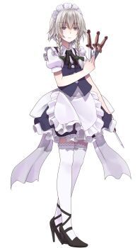 Rule 34 | 1girl, apron, arm at side, black ribbon, blue eyes, blue skirt, blue vest, bow, braid, buttons, closed mouth, commentary request, crote, frilled apron, frills, full body, green bow, grey hair, hair between eyes, hair bow, half-closed eyes, hand up, high heels, highres, holding, holding knife, izayoi sakuya, knife, large variant set, maid, maid apron, maid headdress, neck ribbon, petticoat, puffy short sleeves, puffy sleeves, ribbon, shirt, short hair, short sleeves, skirt, sleeve cuffs, solo, standing, thighhighs, touhou, transparent background, twin braids, variant set, vest, white apron, white headdress, white shirt, white thighhighs