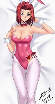 1girl absurdres animal_ears artist_name bow bowtie breasts code_geass cuffs dakimakura_(medium) dated fake_animal_ears fake_bunny_ears female_focus highres kouzuki_kallen large_breasts leotard looking_at_viewer lying on_back pink_leotard playboy_bunny variant_set white_wrist_cuffs wrist_cuffs yoo_tenchi