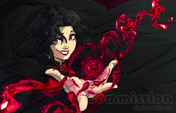 black_hair commentary commission crazy_eyes crazy_smile dress english_commentary fang glowing glowing_eyes hemokinesis highres nico_artt original red_dress red_eyes simple_background smile vampire vgen_commission